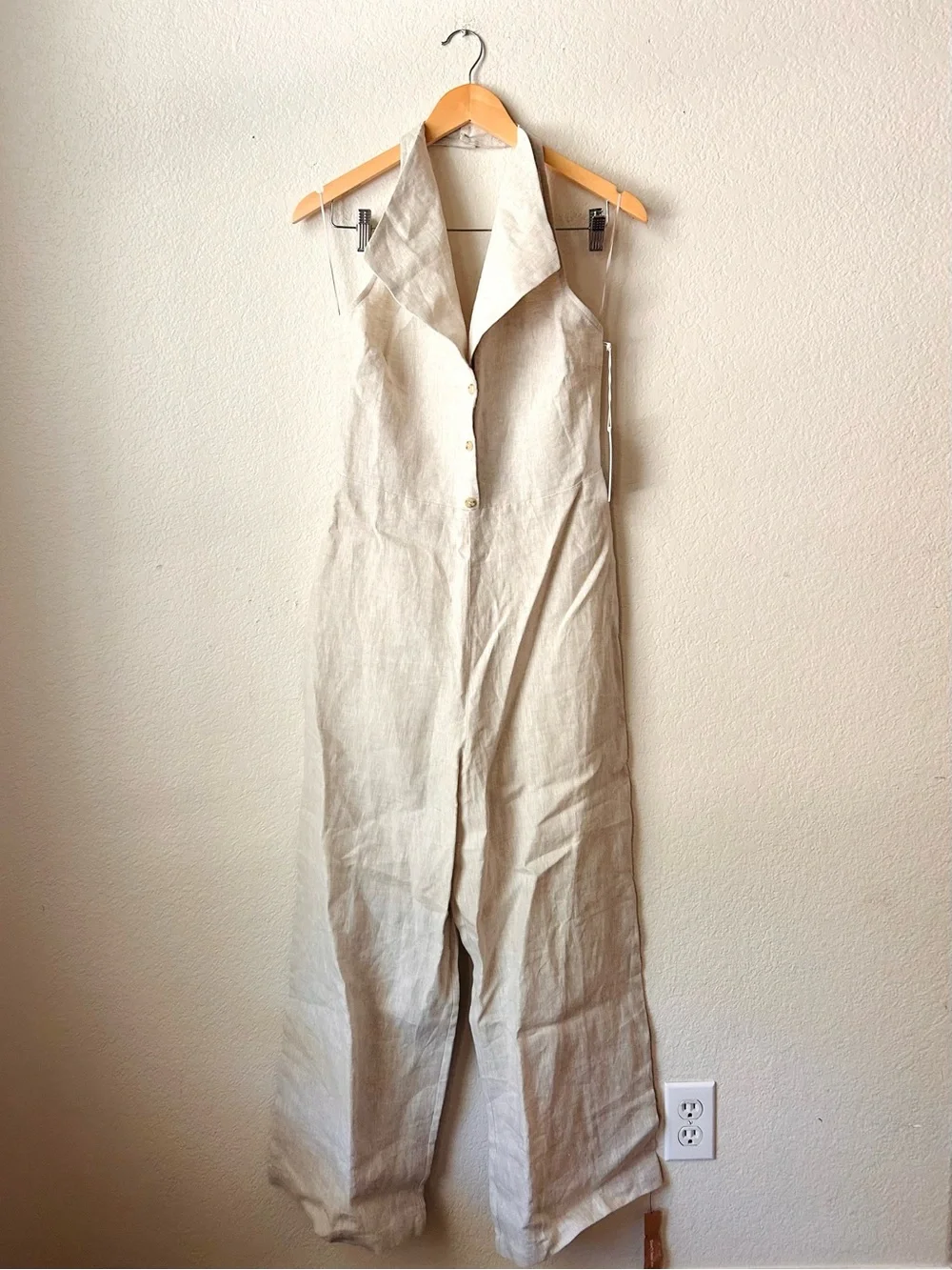 NWT Reformation Billie 100% Linen Button-Front Wide-Leg Jumpsuit in Oatmeal